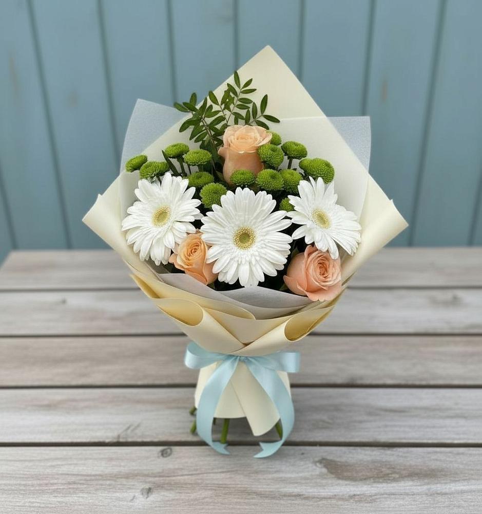 Букет цветов из: Герберы, Розы и Хризантемы в Полбино