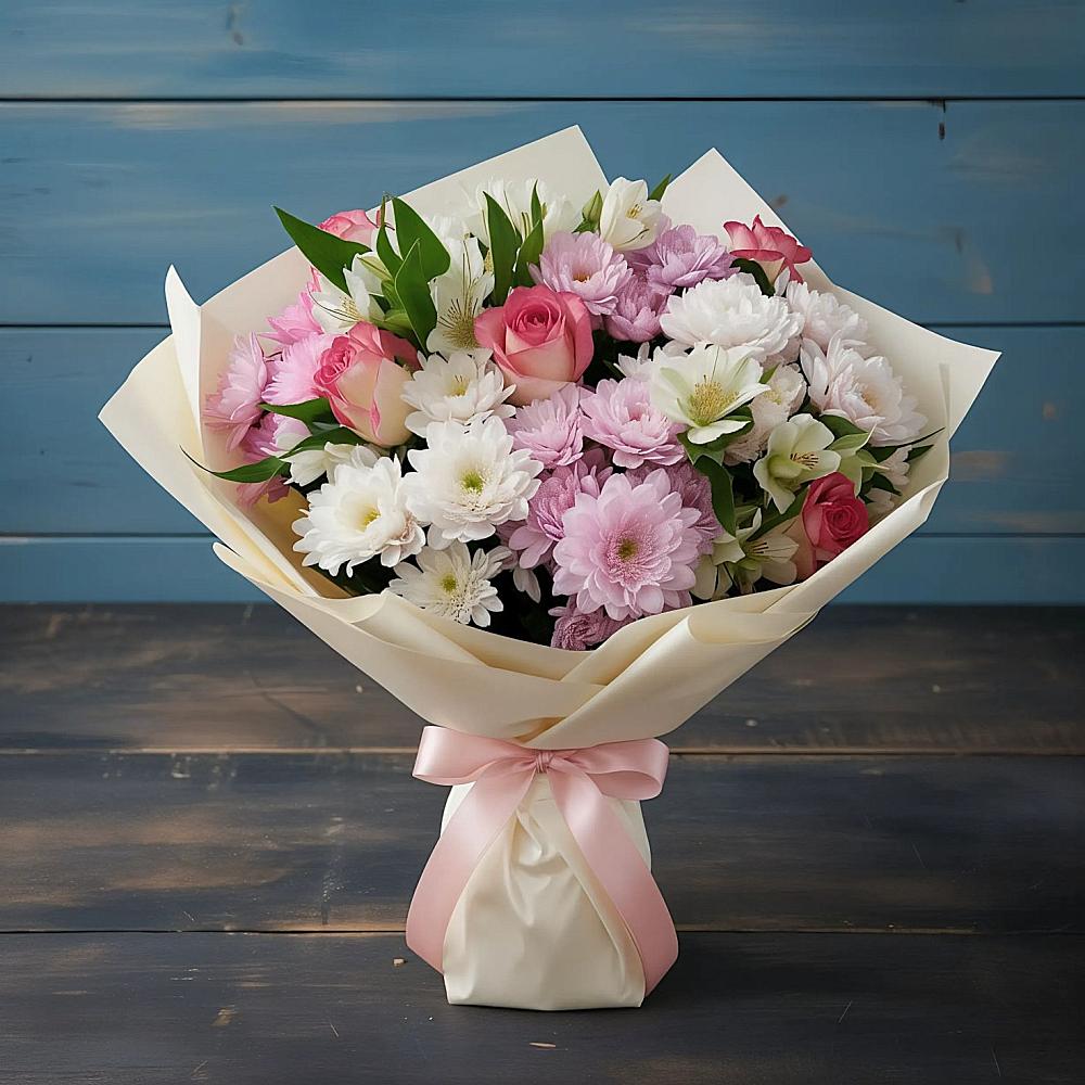 Букет цветов из: Хризантемы, Альстромерии и Розы в Полбино